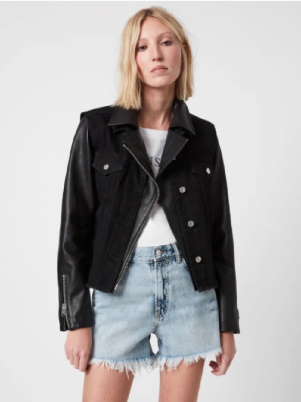 NWT All Saints ZAYN Black leather + Denim Jacket